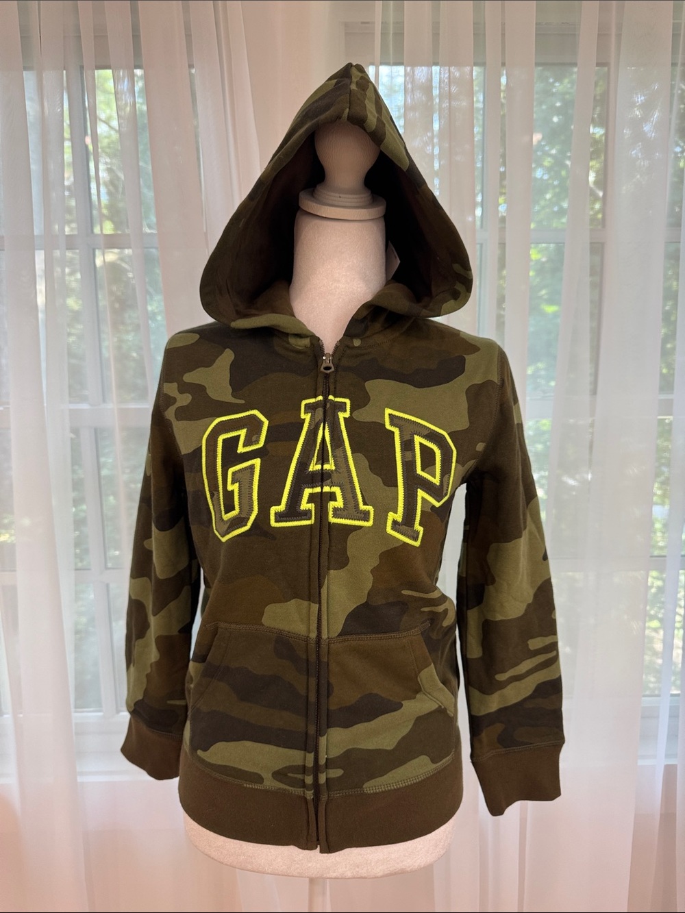 GAP Olive Green Camo Zip Hoodie with Neon Yellow Logo